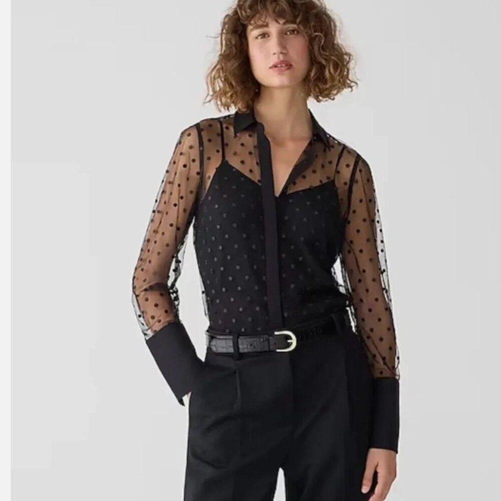 New J. Crew Sheer Black Button-up with Camisole in Dot Print 22
